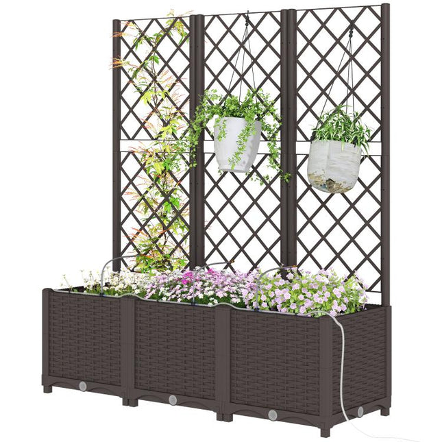 3PCS Plastic Planter Box with Trellis, Self-Watering Raised Garden Bed with Trellis and Automatic Watering Timer Kit