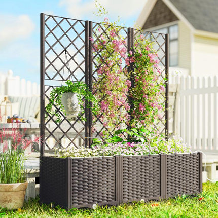 3PCS Plastic Planter Box with Trellis, Self-Watering Raised Garden Bed with Trellis and Automatic Watering Timer Kit