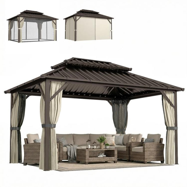 10 feet x 14 feet Hardtop Gazebo with Double Galvanized Steel Roof Canopy, Aluminum Frame Permanent Gazebo, Brown