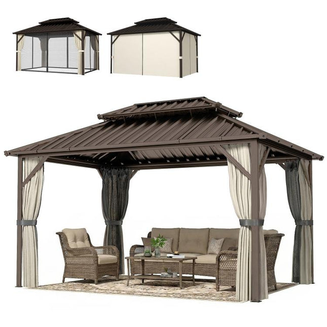 10 feet x 14 feet Hardtop Gazebo with Double Galvanized Steel Roof Canopy, Aluminum Frame Permanent Gazebo, Brown