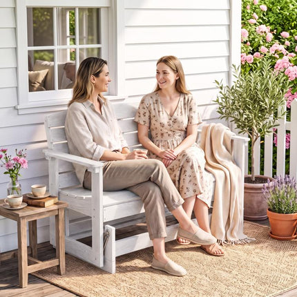 Patio Glider Bench w/ HDPE Slatted Double Rocking Chair, Distressed White
