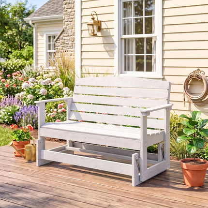 Patio Glider Bench w/ HDPE Slatted Double Rocking Chair, Distressed White