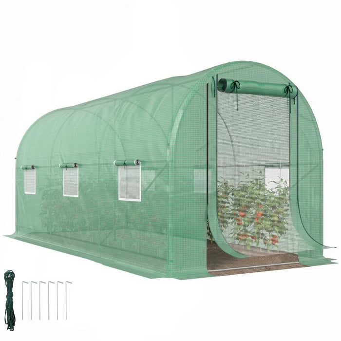 Hoop House Greenhouse, Walk-in Tunnel Greenhouse with 2 Support Rods, Zippered Roll-up Mesh Door, 14.6 feetx6.5 feetx6.6 feet, Green
