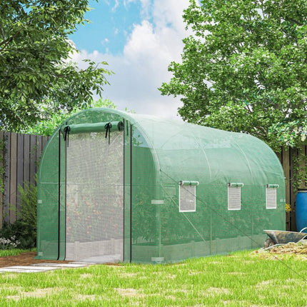 Hoop House Greenhouse, Walk-in Tunnel Greenhouse with 2 Support Rods, Zippered Roll-up Mesh Door, 14.6 feetx6.5 feetx6.6 feet, Green