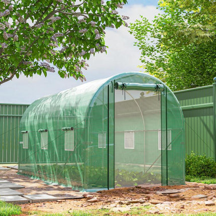 Hoop House Greenhouse, Walk-in Tunnel Greenhouse with 2 Support Rods, Zippered Roll-up Mesh Door, 14.6 feetx6.5 feetx6.6 feet, Green