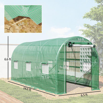 Hoop House Greenhouse, Walk-in Tunnel Greenhouse with 2 Support Rods, Zippered Roll-up Mesh Door, 14.6 feetx6.5 feetx6.6 feet, Green