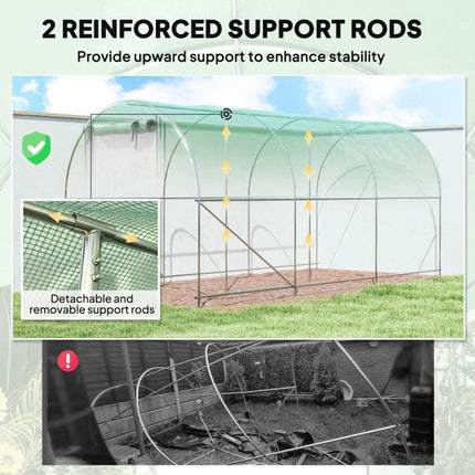 Hoop House Greenhouse, Walk-in Tunnel Greenhouse with 2 Support Rods, Zippered Roll-up Mesh Door, 14.6 feetx6.5 feetx6.6 feet, Green