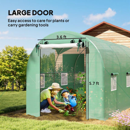 Hoop House Greenhouse, Walk-in Tunnel Greenhouse with 2 Support Rods, Zippered Roll-up Mesh Door, 14.6 feetx6.5 feetx6.6 feet, Green