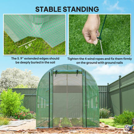 Hoop House Greenhouse, Walk-in Tunnel Greenhouse with 2 Support Rods, Zippered Roll-up Mesh Door, 14.6 feetx6.5 feetx6.6 feet, Green