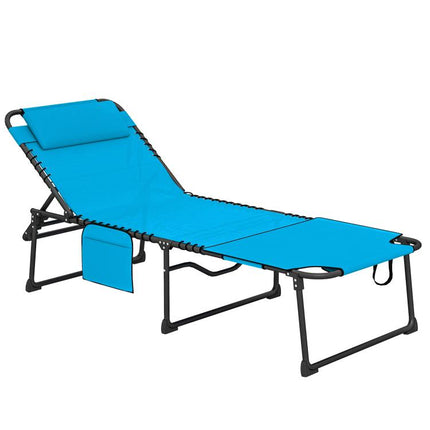 Folding Chaise Tanning Lounge Chair w/ 5-level Reclining Back, Reading Hole, Side Pocket, Headrest, Blue