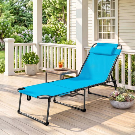 Folding Chaise Tanning Lounge Chair w/ 5-level Reclining Back, Reading Hole, Side Pocket, Headrest, Blue