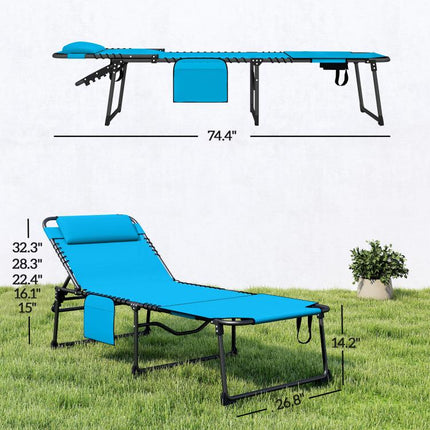 Folding Chaise Tanning Lounge Chair w/ 5-level Reclining Back, Reading Hole, Side Pocket, Headrest, Blue