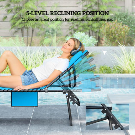 Folding Chaise Tanning Lounge Chair w/ 5-level Reclining Back, Reading Hole, Side Pocket, Headrest, Blue