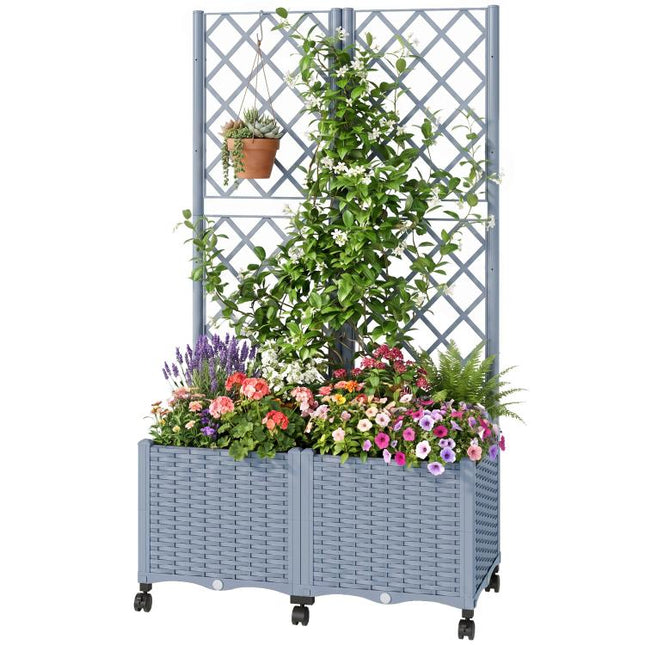 Planter Box with Trellis, Self Watering Raised Garden Bed with Lockable Wheels and Drainage Holes, Gray