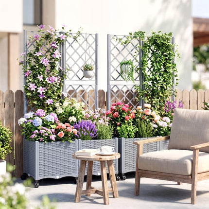 Planter Box with Trellis, Self Watering Raised Garden Bed with Lockable Wheels and Drainage Holes, Gray