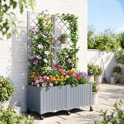 Planter Box with Trellis, Self Watering Raised Garden Bed with Lockable Wheels and Drainage Holes, Gray