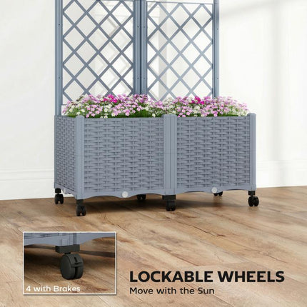 Planter Box with Trellis, Self Watering Raised Garden Bed with Lockable Wheels and Drainage Holes, Gray