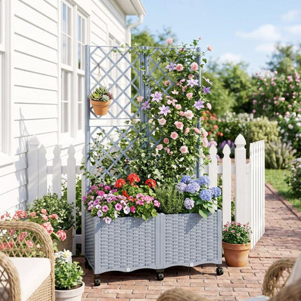 Planter Box with Trellis, Self Watering Raised Garden Bed with Lockable Wheels and Drainage Holes, Gray