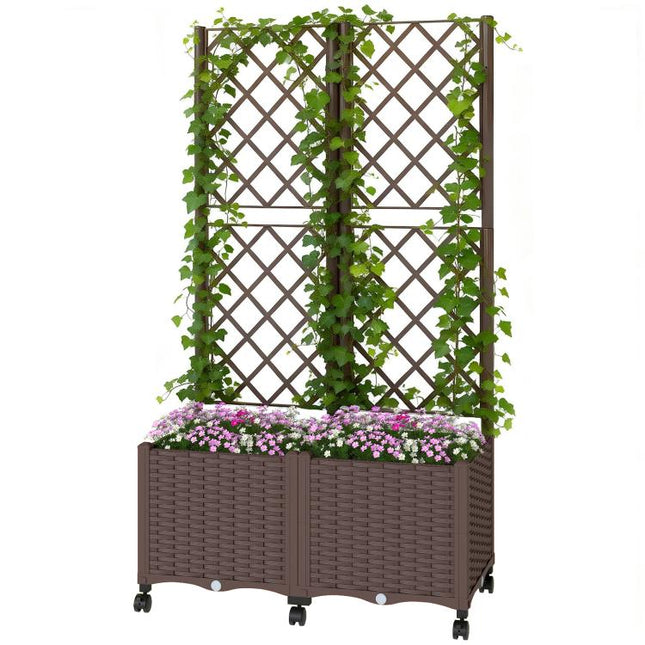 Planter Box with Trellis, Self Watering Raised Garden Bed with Lockable Wheels and Drainage Holes, Brown