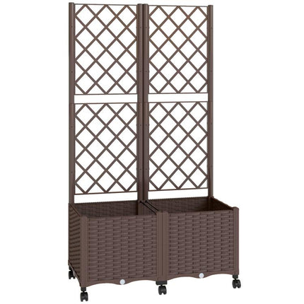 Planter Box with Trellis, Self Watering Raised Garden Bed with Lockable Wheels and Drainage Holes, Brown