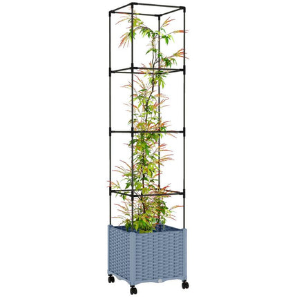 Raised Garden Bed with Trellis, Tomato Cage with Lockable Wheels, Self Watering Planter Box with Drainage Holes, Gray