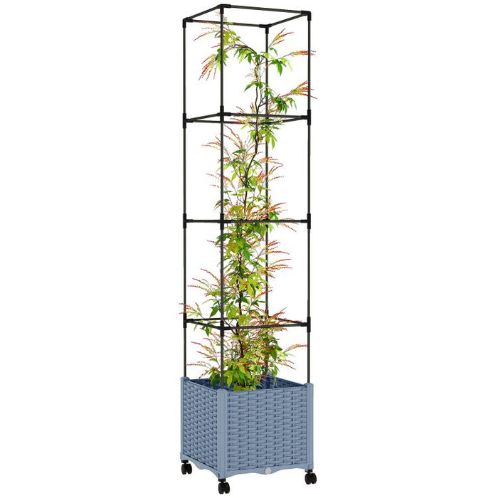 Raised Garden Bed with Trellis, Tomato Cage with Lockable Wheels, Self Watering Planter Box with Drainage Holes, Gray