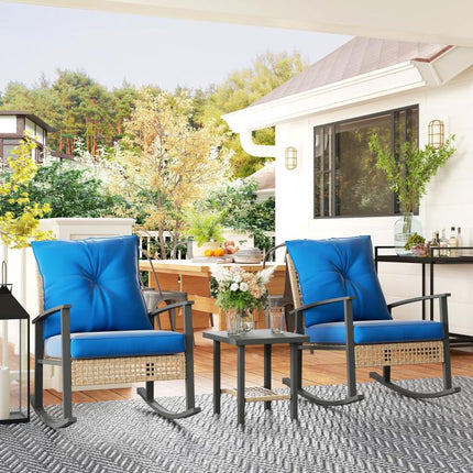 3 Pieces Bistro Set, Patio Wicker Furniture Set with Button Tufted Cushions, Rattan Rocking Chairs, Coffee Table, Blue