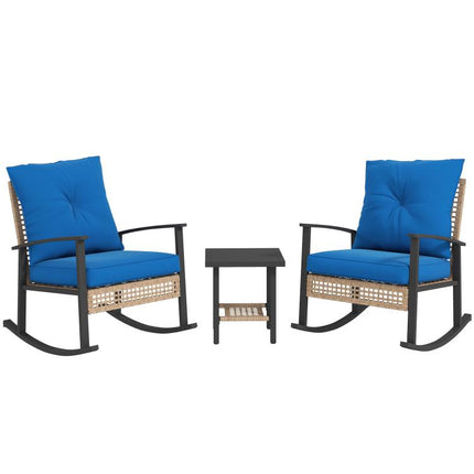3 Pieces Bistro Set, Patio Wicker Furniture Set with Button Tufted Cushions, Rattan Rocking Chairs, Coffee Table, Blue