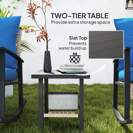 3 Pieces Bistro Set, Patio Wicker Furniture Set with Button Tufted Cushions, Rattan Rocking Chairs, Coffee Table, Blue
