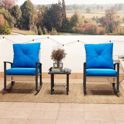 3 Pieces Bistro Set, Patio Wicker Furniture Set with Button Tufted Cushions, Rattan Rocking Chairs, Coffee Table, Blue