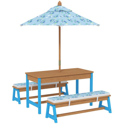 Kids Picnic Table Set with Foldable Umbrella, Removable Cushions & Boxes, Dinosaur Theme, Blue