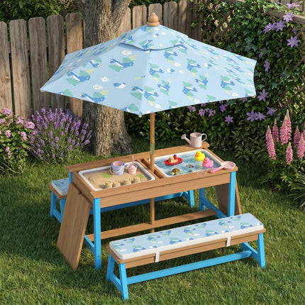 Kids Picnic Table Set with Foldable Umbrella, Removable Cushions & Boxes, Dinosaur Theme, Blue