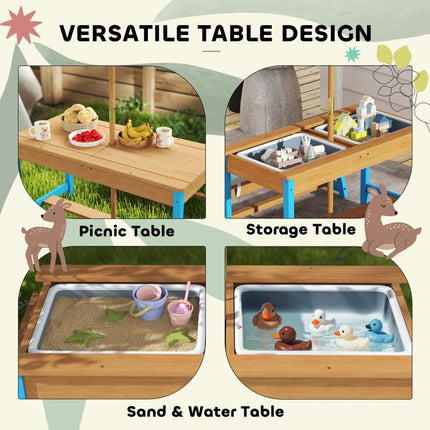 Kids Picnic Table Set with Foldable Umbrella, Removable Cushions & Boxes, Dinosaur Theme, Blue