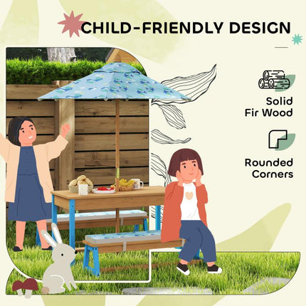 Kids Picnic Table Set with Foldable Umbrella, Removable Cushions & Boxes, Dinosaur Theme, Blue