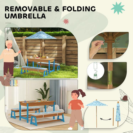 Kids Picnic Table Set with Foldable Umbrella, Removable Cushions & Boxes, Dinosaur Theme, Blue