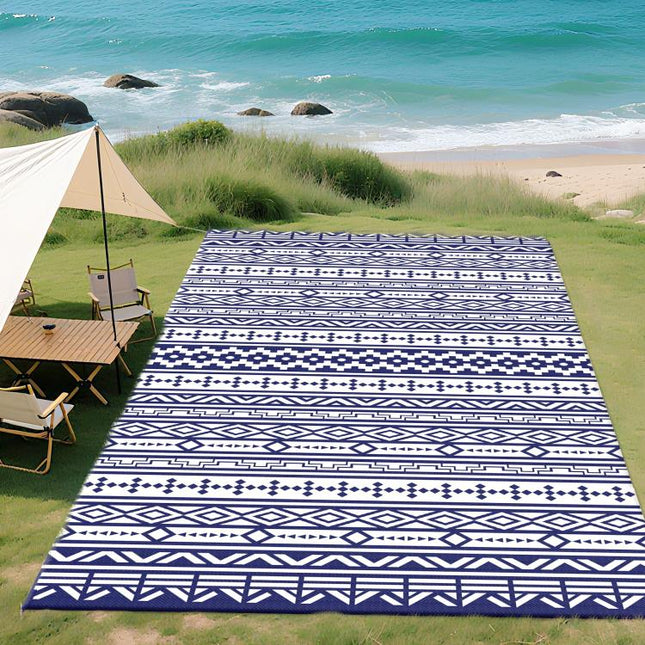 Reversible Outdoor Rug, Waterproof Plastic Straw with Carry Bag, 9 feet x 18 feet, Blue & White Geometric Wall