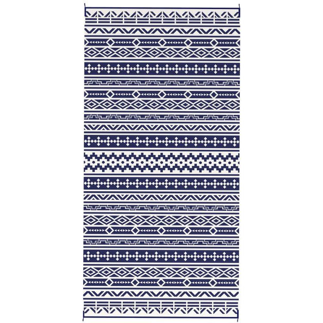 Reversible Outdoor Rug, Waterproof Plastic Straw with Carry Bag, 9 feet x 18 feet, Blue & White Geometric Wall