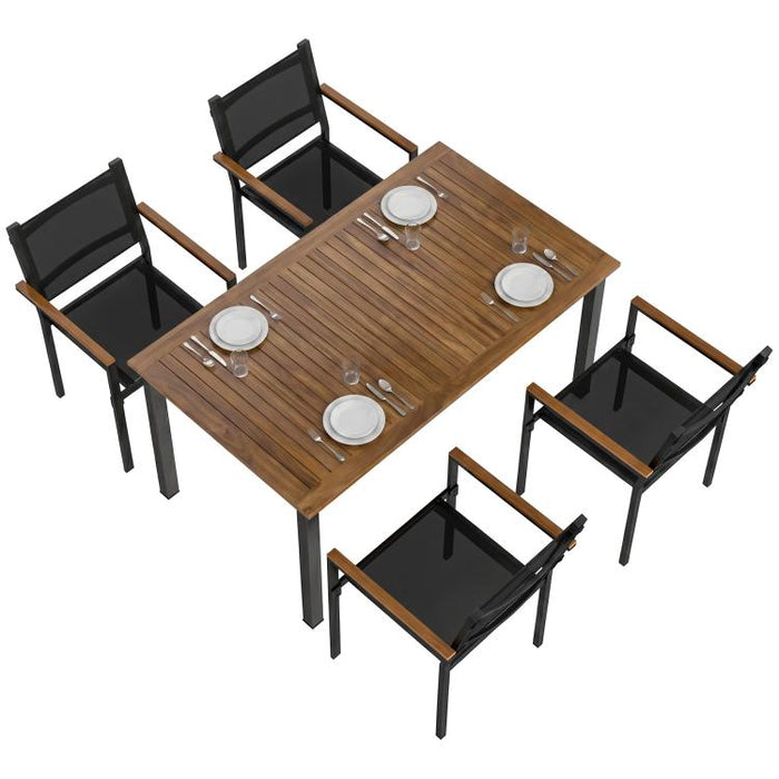 Outdoor Dining Set for 4, Patio Table and Chairs Set with 59 inch Rectangle Acacia Wood Table and 352 LBS Stackable Chairs