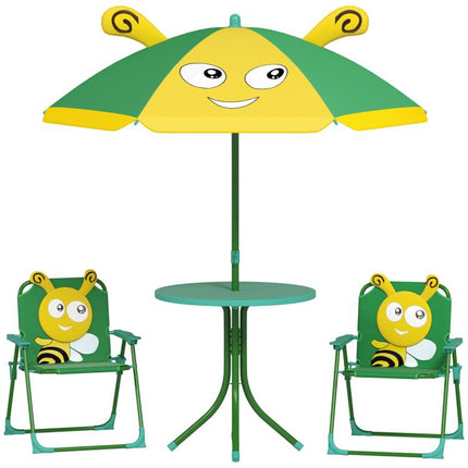 Kids Picnic Table and Chair Set, Outdoor Activity Table with Foldable Chairs, Height Adjustable Umbrella, Green