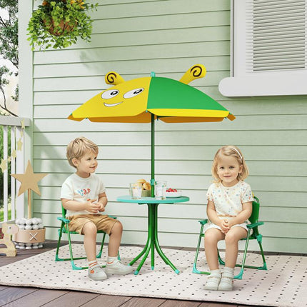 Kids Picnic Table and Chair Set, Outdoor Activity Table with Foldable Chairs, Height Adjustable Umbrella, Green