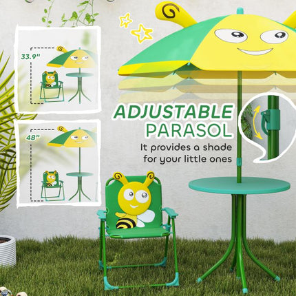 Kids Picnic Table and Chair Set, Outdoor Activity Table with Foldable Chairs, Height Adjustable Umbrella, Green