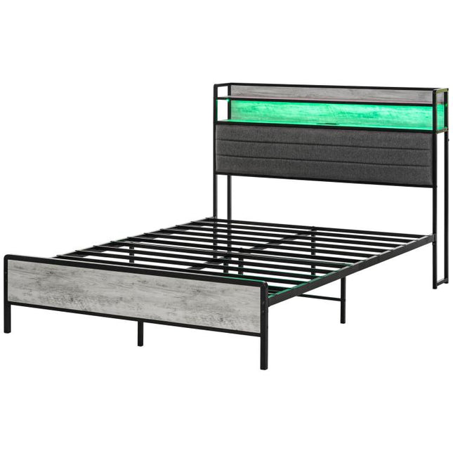 Full Bed Frame with Storage Upholstered Headboard, Full Size Bed Frame with LED Lights, Charging Station, Cement Gray