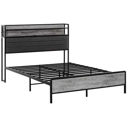 Full Bed Frame with Storage Upholstered Headboard, Full Size Bed Frame with LED Lights, Charging Station, Cement Gray