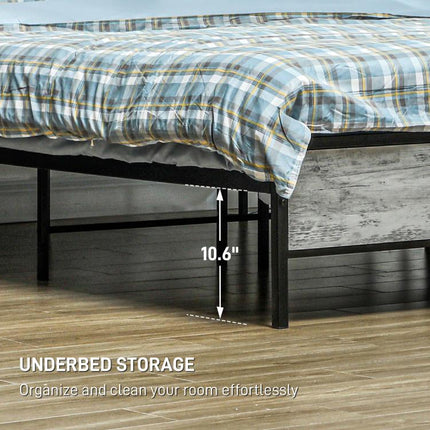 Full Bed Frame with Storage Upholstered Headboard, Full Size Bed Frame with LED Lights, Charging Station, Cement Gray