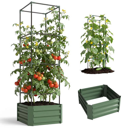 Galvanized Planter Box, 24 inch x 24 inch x 73.5 inch Raised Garden Bed with Tomato Cage for Climbing Vines, Green