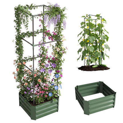 Galvanized Planter Box, 24 inch x 24 inch x 73.5 inch Raised Garden Bed with Tomato Cage for Climbing Vines, Green