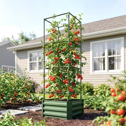 Galvanized Planter Box, 24 inch x 24 inch x 73.5 inch Raised Garden Bed with Tomato Cage for Climbing Vines, Green