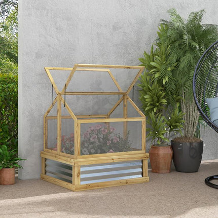 Raised Garden Flower Bed Kit with Greenhouse, Wooden Cold Frame Planter, 35.5 inch x 31.5 inch x 36 inch, Natural