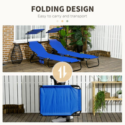 Pool Chaise Lounge Chairs Set of 2, Folding Lounge Chairs with Sunshade, Reclining Back, Steel Frame, Blue