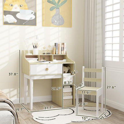 Kids Desk and Chair Set with Storage Shelves, Drawer for 3-10 Years, White